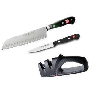 JUEGO CUCHILLOS CLASSIC SANTOKU + PUNTILLA + AFILADOR DUO